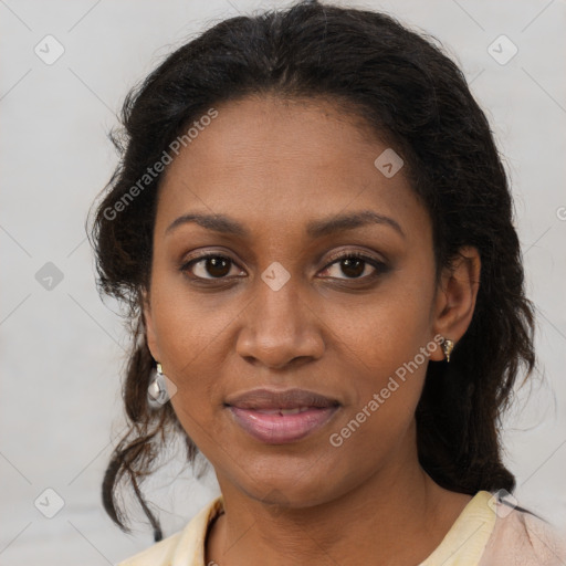 Joyful black young-adult female with medium  brown hair and brown eyes