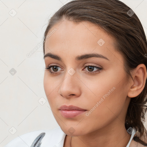 Neutral white young-adult female with medium  brown hair and brown eyes