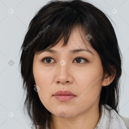 Neutral asian young-adult female with medium  brown hair and brown eyes