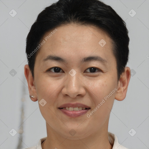 Joyful white young-adult female with short  brown hair and brown eyes