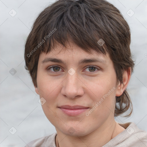 Joyful white young-adult female with medium  brown hair and brown eyes