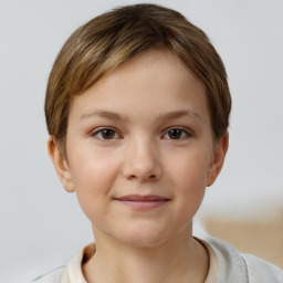 Joyful white child female with short  brown hair and brown eyes