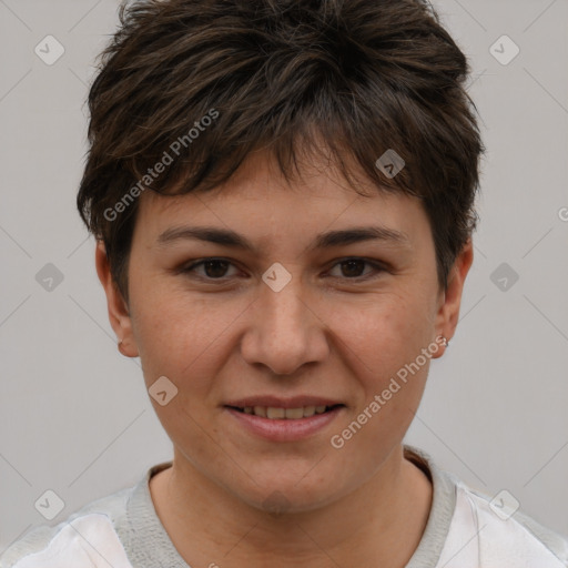 Joyful white young-adult female with short  brown hair and brown eyes