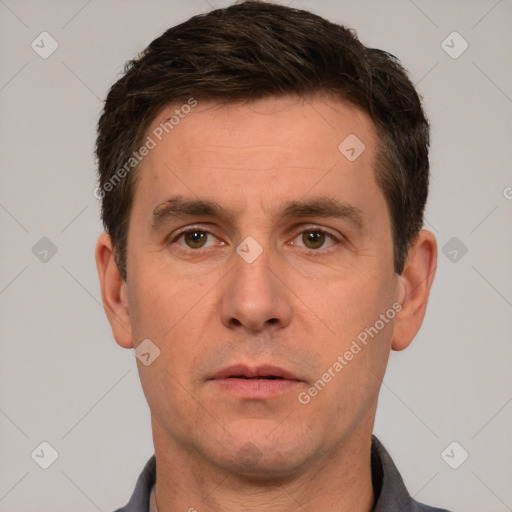 Neutral white adult male with short  brown hair and brown eyes