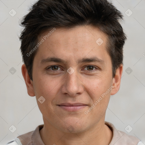 Joyful white young-adult male with short  brown hair and brown eyes