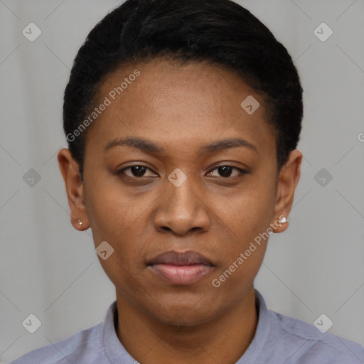 Neutral black young-adult female with short  black hair and brown eyes