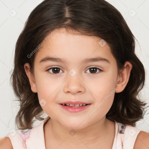 Joyful white child female with medium  brown hair and brown eyes