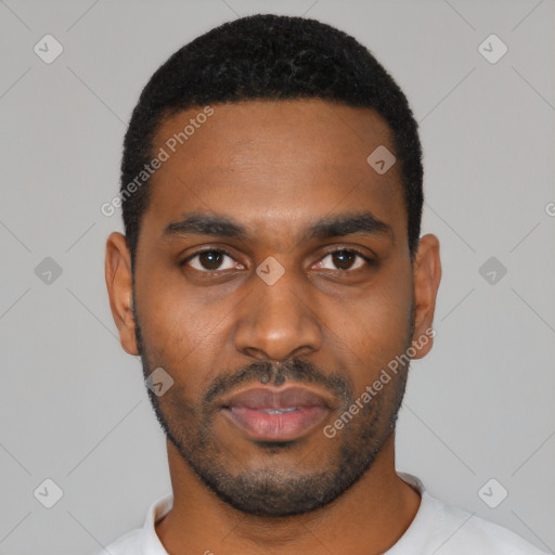 Neutral black young-adult male with short  black hair and brown eyes