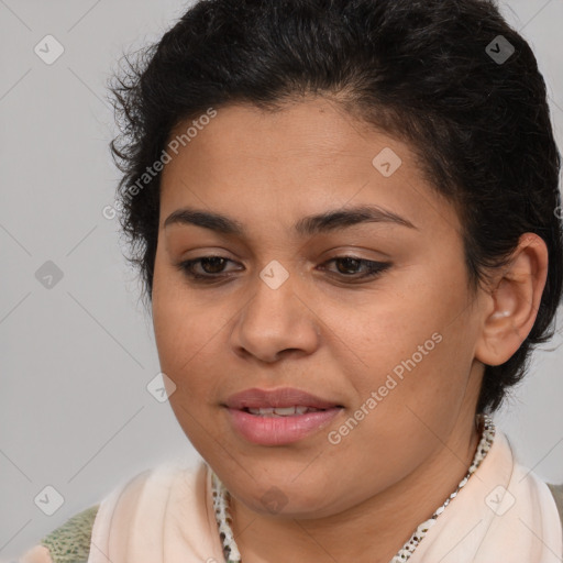 Joyful latino young-adult female with short  brown hair and brown eyes