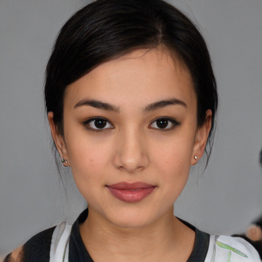 Neutral latino young-adult female with medium  black hair and brown eyes