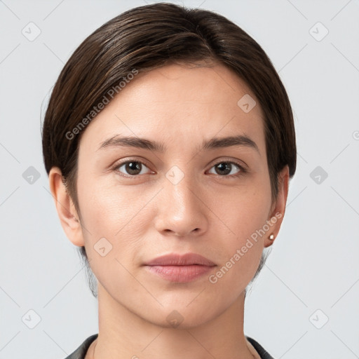 Neutral white young-adult female with short  brown hair and brown eyes