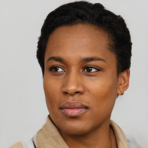 Neutral black young-adult female with short  black hair and brown eyes