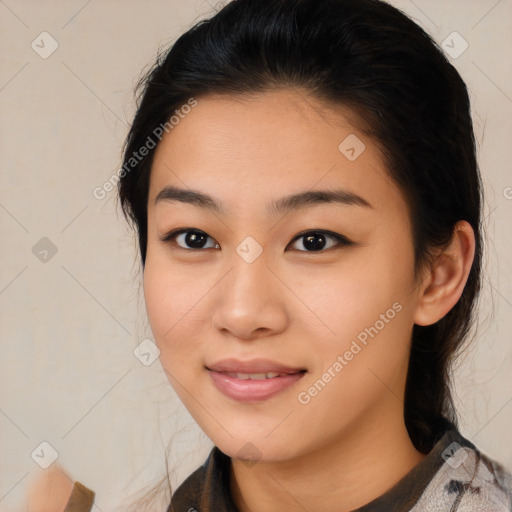 Joyful latino young-adult female with medium  black hair and brown eyes