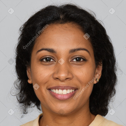 Joyful black young-adult female with medium  brown hair and brown eyes