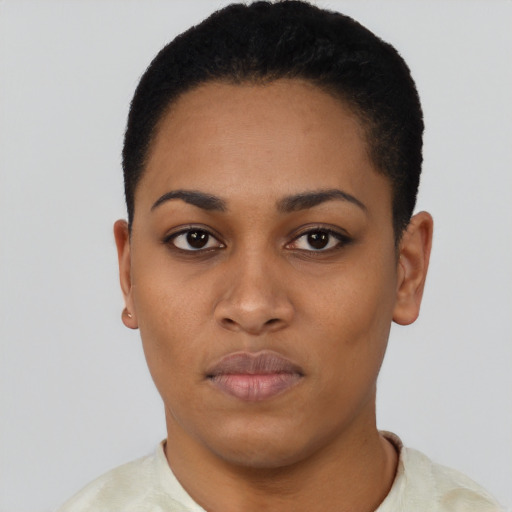 Neutral black young-adult female with short  black hair and brown eyes