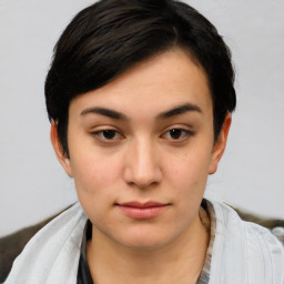 Neutral white young-adult female with short  black hair and brown eyes