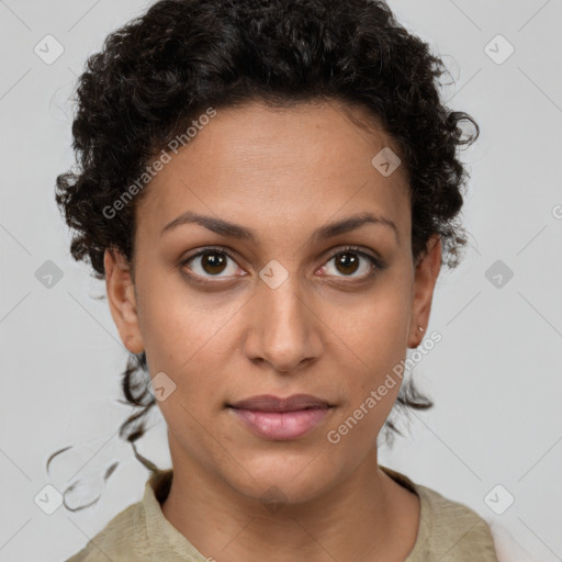 Neutral white young-adult female with short  brown hair and brown eyes