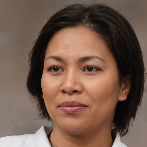Joyful latino adult female with medium  brown hair and brown eyes