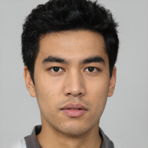 Neutral asian young-adult male with short  black hair and brown eyes