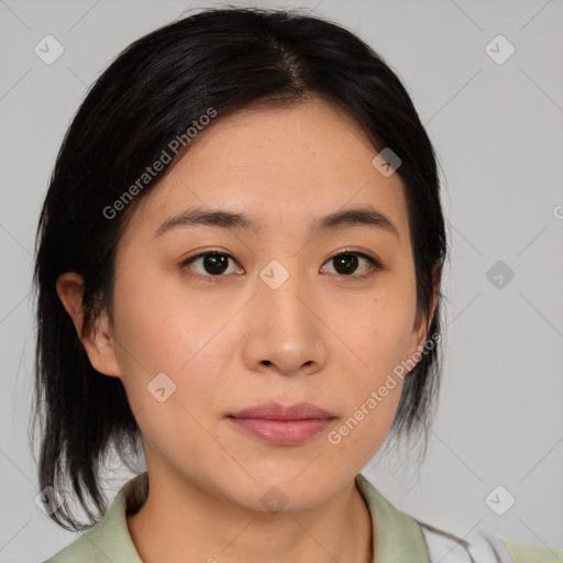 Neutral asian young-adult female with medium  brown hair and brown eyes