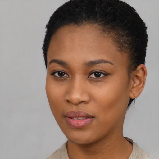 Neutral black young-adult female with short  brown hair and brown eyes