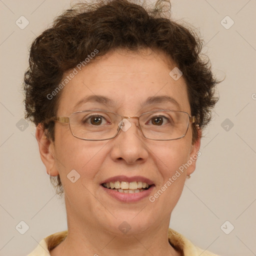 Joyful white adult female with short  brown hair and brown eyes