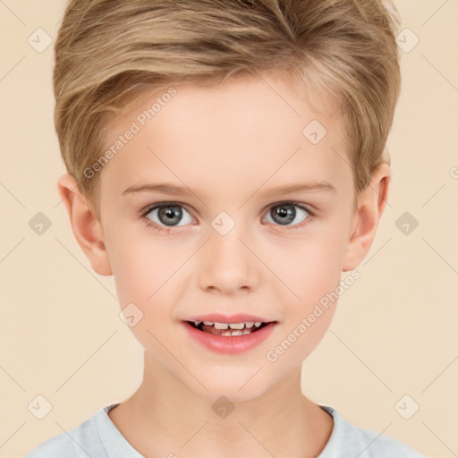 Joyful white child female with short  brown hair and brown eyes