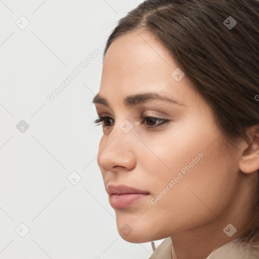 Neutral white young-adult female with short  brown hair and brown eyes