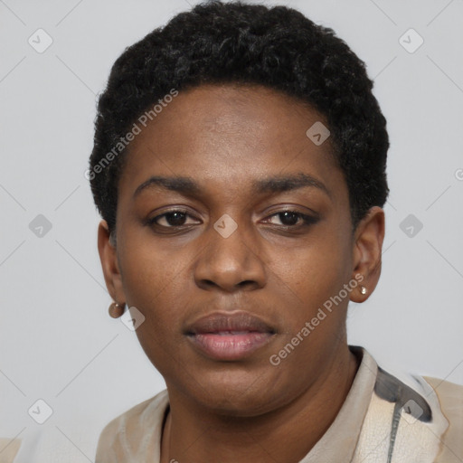 Neutral black young-adult female with short  black hair and brown eyes