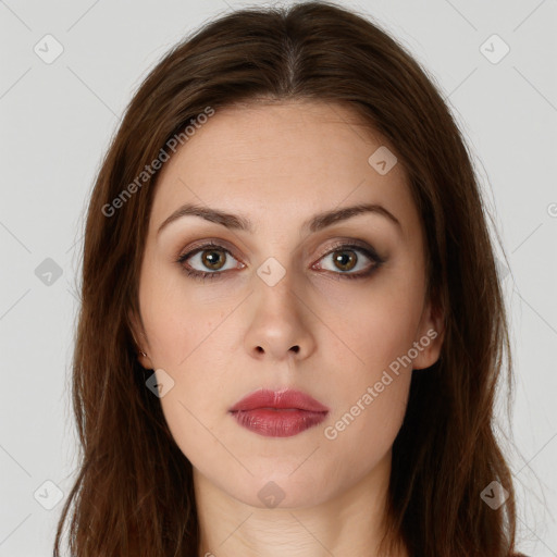 Neutral white young-adult female with long  brown hair and brown eyes