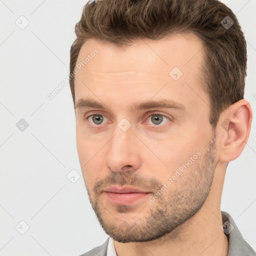 Neutral white adult male with short  brown hair and brown eyes