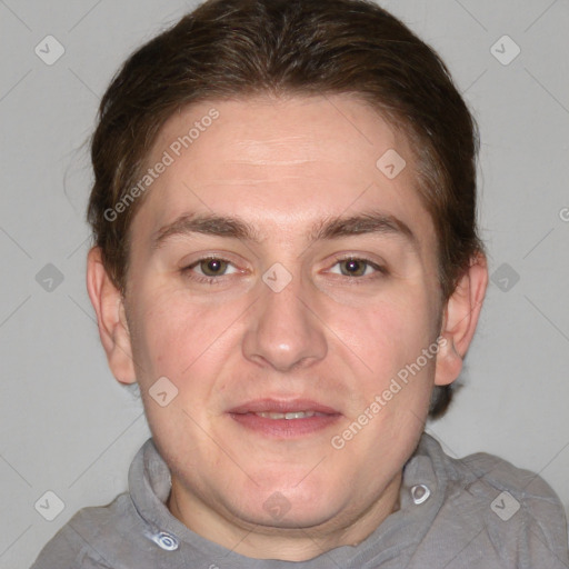 Joyful white adult male with short  brown hair and grey eyes