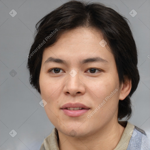 Joyful asian young-adult female with medium  brown hair and brown eyes