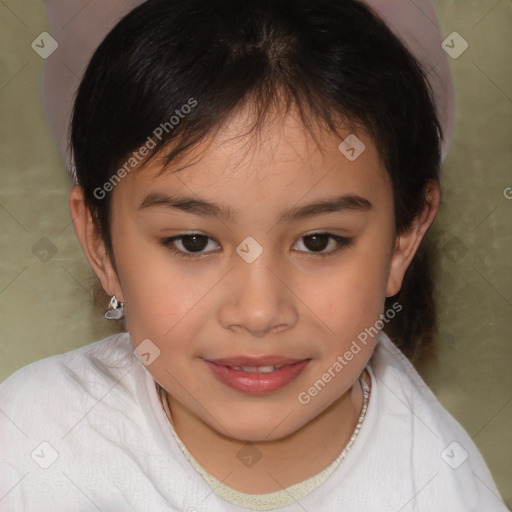 Joyful white child female with medium  brown hair and brown eyes