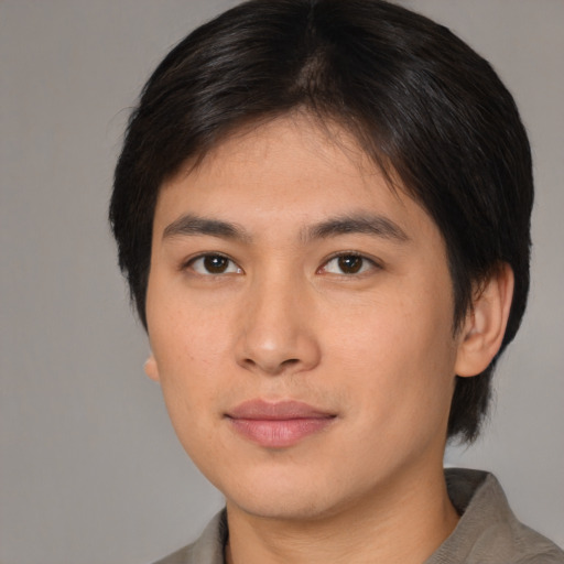Neutral asian young-adult male with medium  brown hair and brown eyes