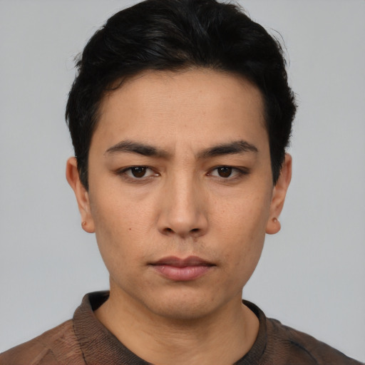 Neutral asian young-adult male with short  black hair and brown eyes