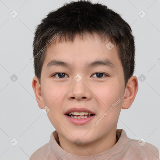 Joyful white child male with short  brown hair and brown eyes