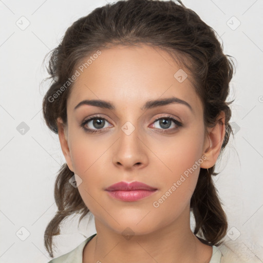 Neutral white young-adult female with medium  brown hair and brown eyes