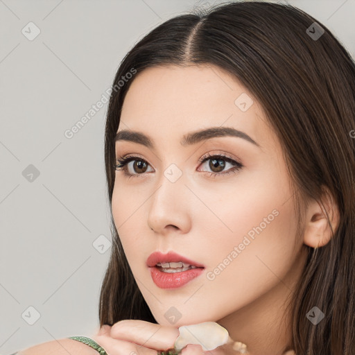 Neutral white young-adult female with long  brown hair and brown eyes