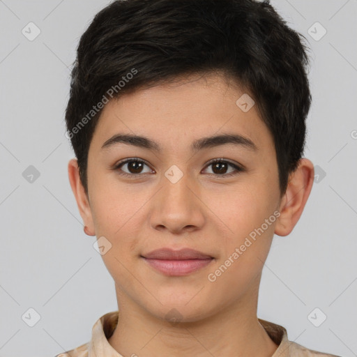 Joyful asian young-adult female with short  brown hair and brown eyes