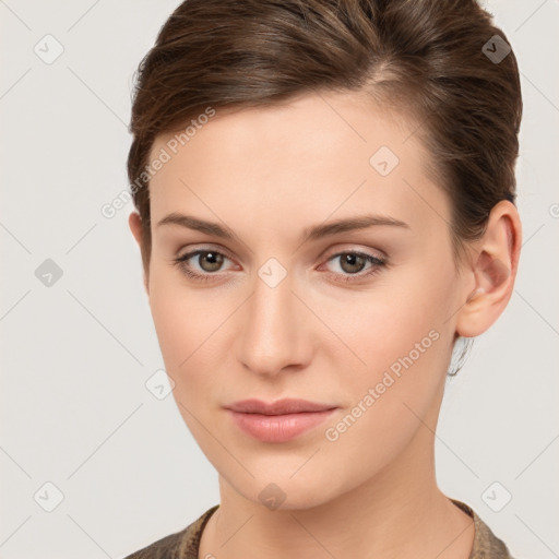 Neutral white young-adult female with short  brown hair and brown eyes