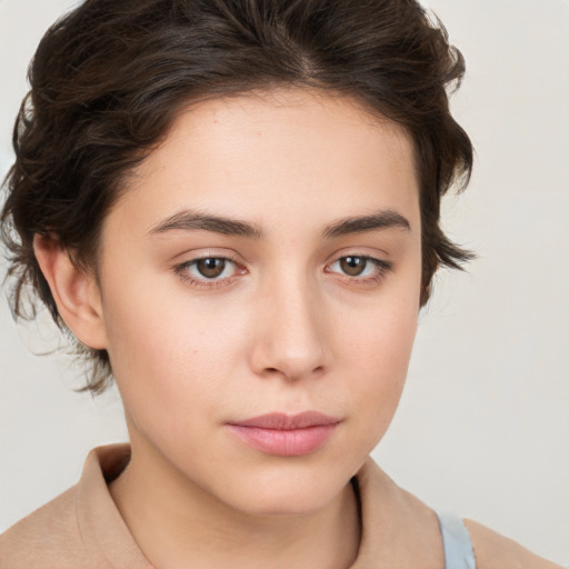 Neutral white young-adult female with medium  brown hair and brown eyes