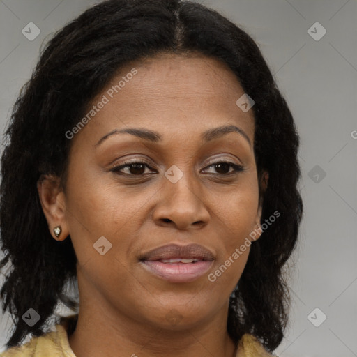 Joyful black young-adult female with medium  brown hair and brown eyes