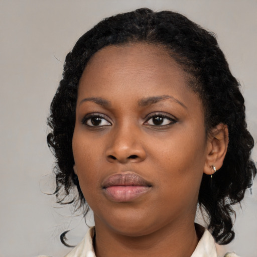 Neutral black young-adult female with medium  black hair and brown eyes