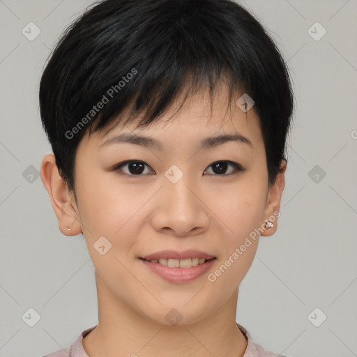 Joyful asian young-adult female with short  brown hair and brown eyes