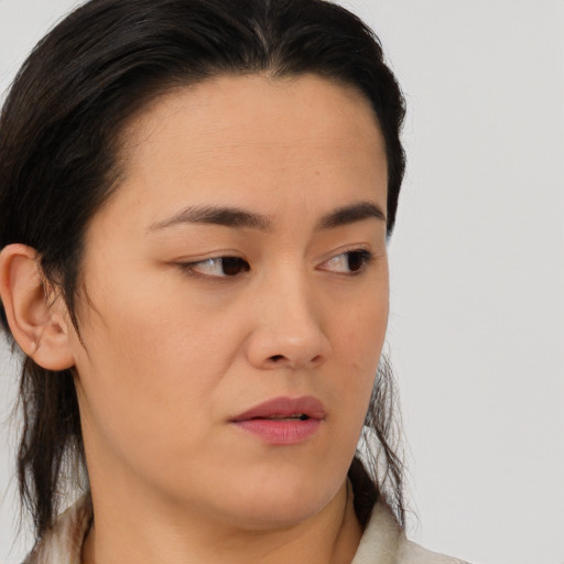 Neutral asian young-adult female with long  brown hair and brown eyes