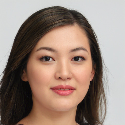 Joyful asian young-adult female with long  brown hair and brown eyes