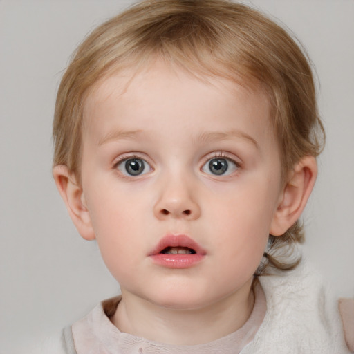 Neutral white child female with medium  brown hair and blue eyes