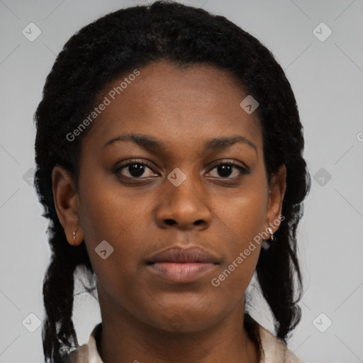 Neutral black young-adult female with short  black hair and brown eyes