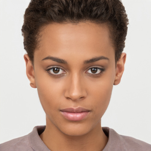 Neutral white young-adult female with short  brown hair and brown eyes